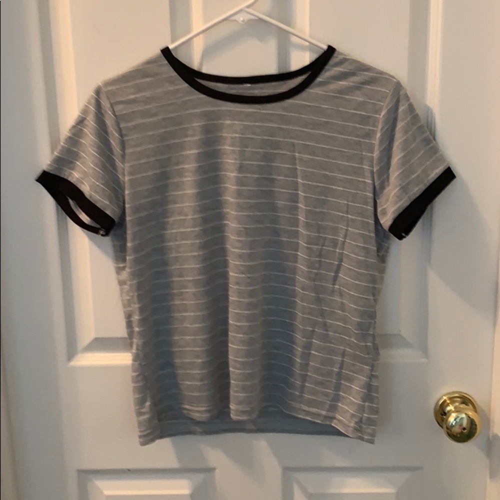 Gray and white stripe t shirt ringer style